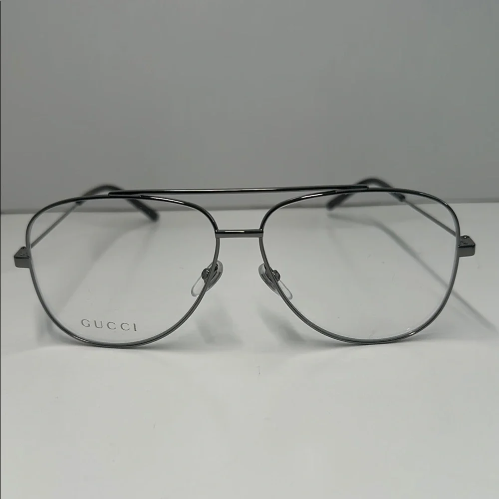 Gucci Silver Aviator Glasses NEW GG0442O Aviator Eyeglasses – Ruthenium / Silver